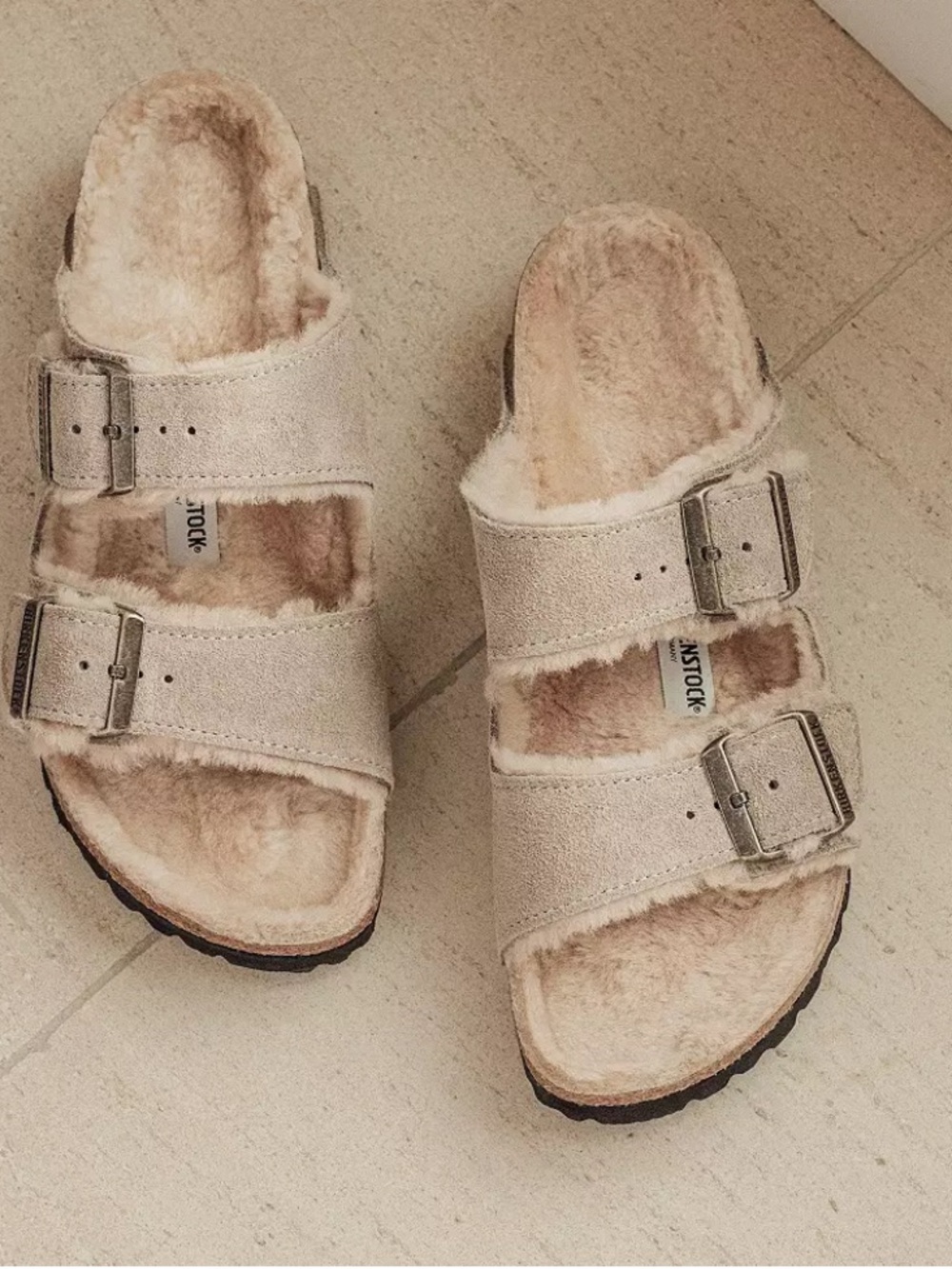 Birkenstock Arizona Shearling Lined Double Strap Sandals Taupe 40 9